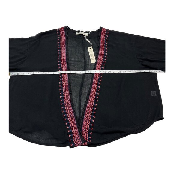 Liquorish Kimono Womens S/M Black Gauzy Pink Embroidered‎ Trim Cover Up Boho - Picture 5 of 6